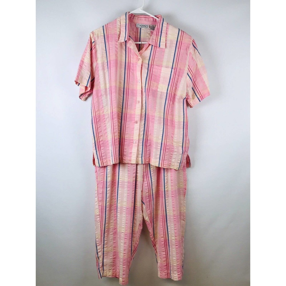 Kenneth Too Pink Striped Elastic Waist Capri Pants XL Matching Button Top L Set